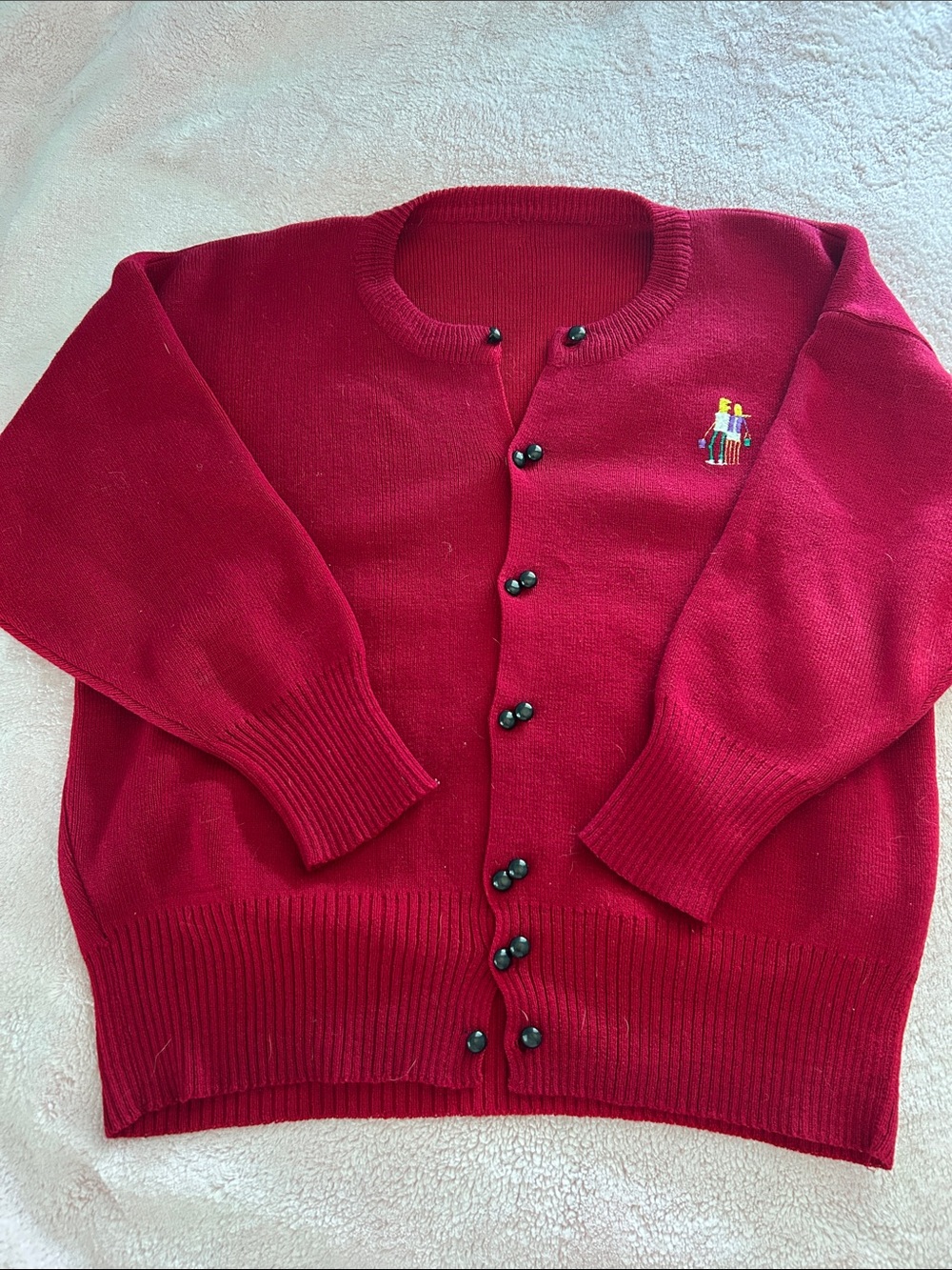 Red Vintage Button Cardigan with Embroidered Motif